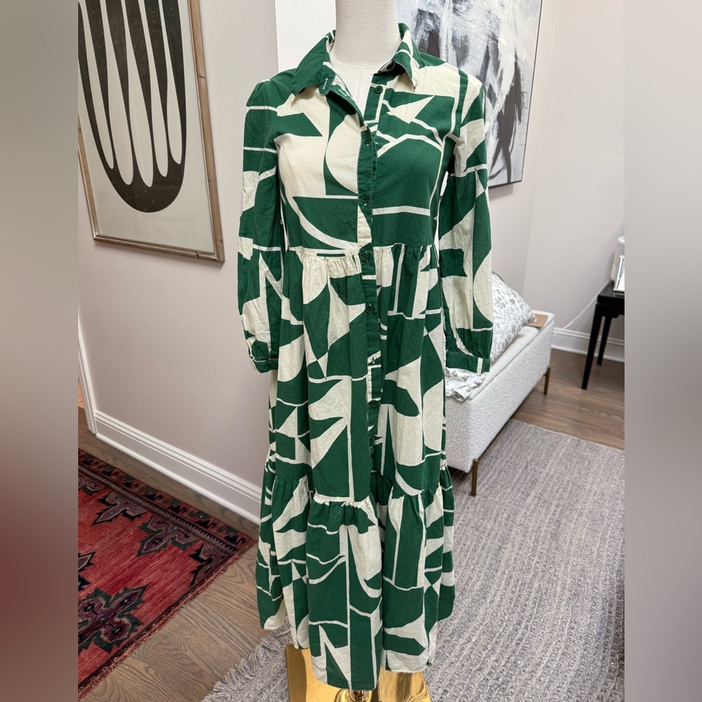 Zara Green and Cream Long Sleeve Shirt Dress